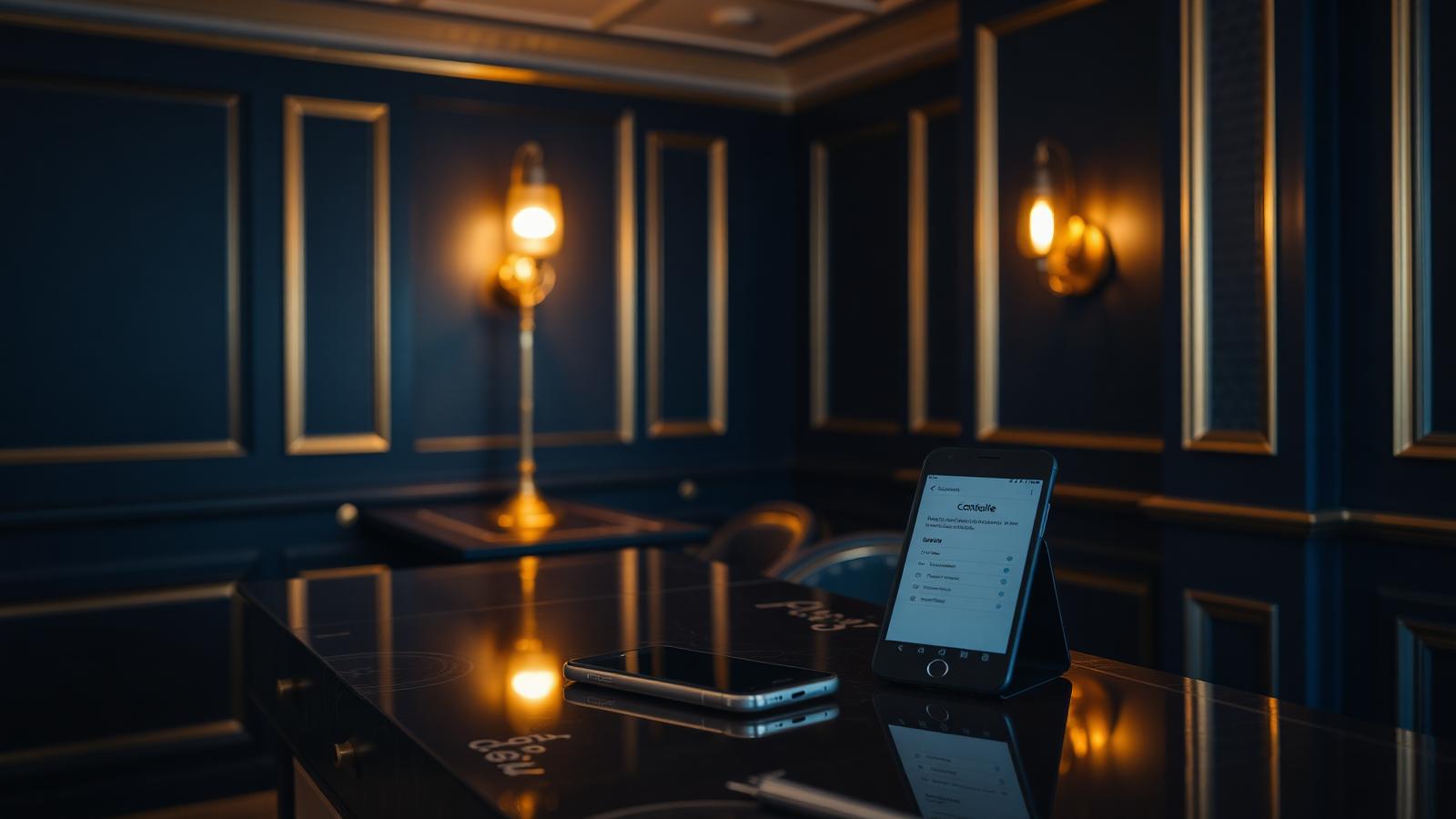 Reception di hotel boutique al tramonto con uno smartphone che mostra una guest app