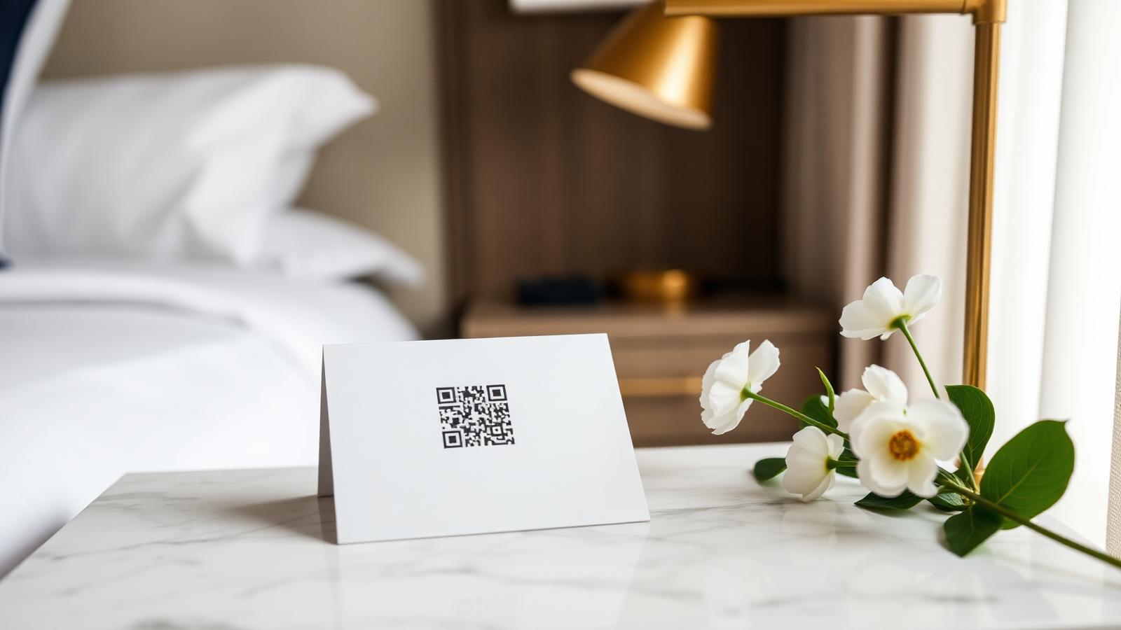 Cartoncino con QR code stampato su un comodino di marmo in camera di hotel