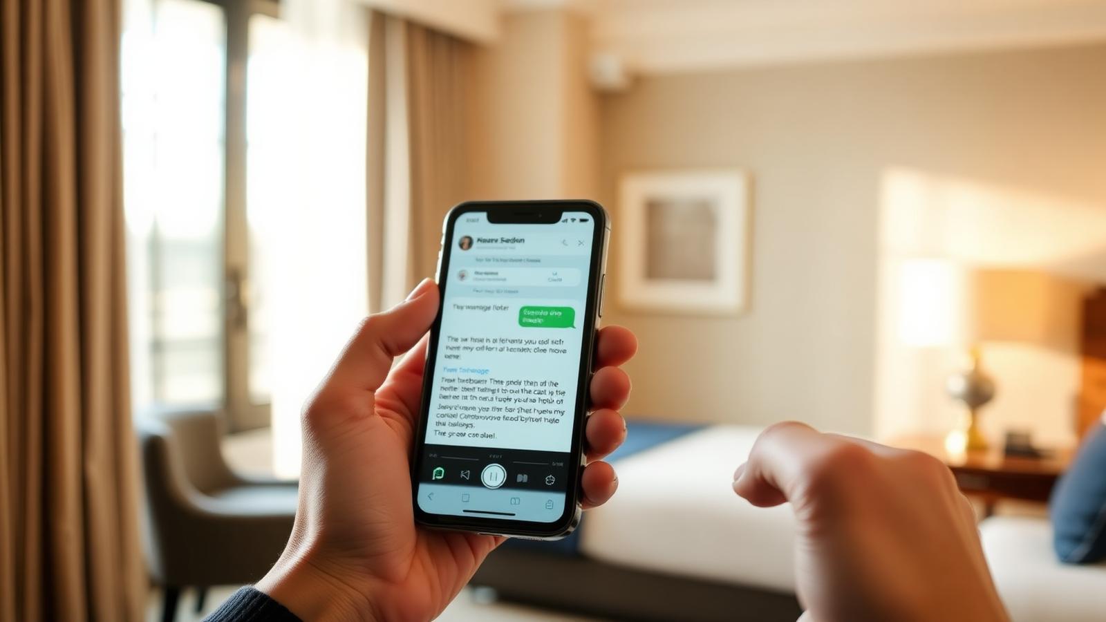 Ospite con uno smartphone aperto su una conversazione concierge WhatsApp